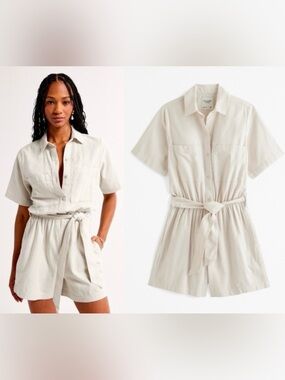 Abercrombie Linen-Blend Utility Romper in Cream/Beige